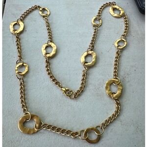 Matte Gold Hammered Station Long Necklace Textured Organic Link 36 Inch